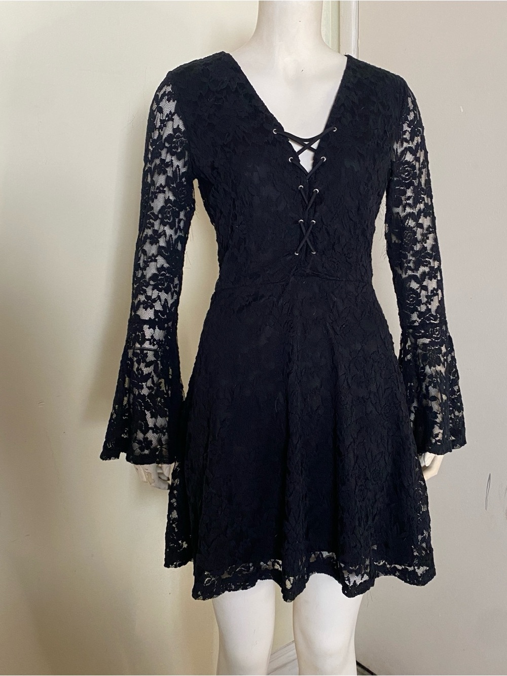 Black Lace Long-Sleeve Fit & Flare Dress with Lace-Up V-Neck